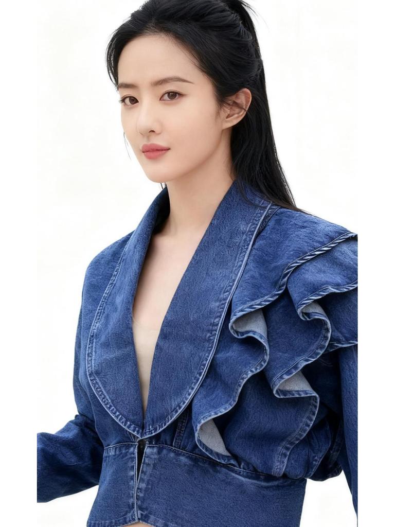 Korean-Style Ruffle Slim-Fit V-Neck Denim Jacket