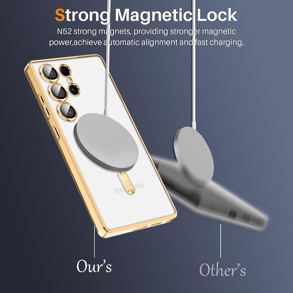 Silný magnetický kryt MagSafe pro Samsung Galaxy S25 S24 S23 S21 FE S22 Ultra Plus luxusní pokovený silikonový měkký průhledný tenký kryt