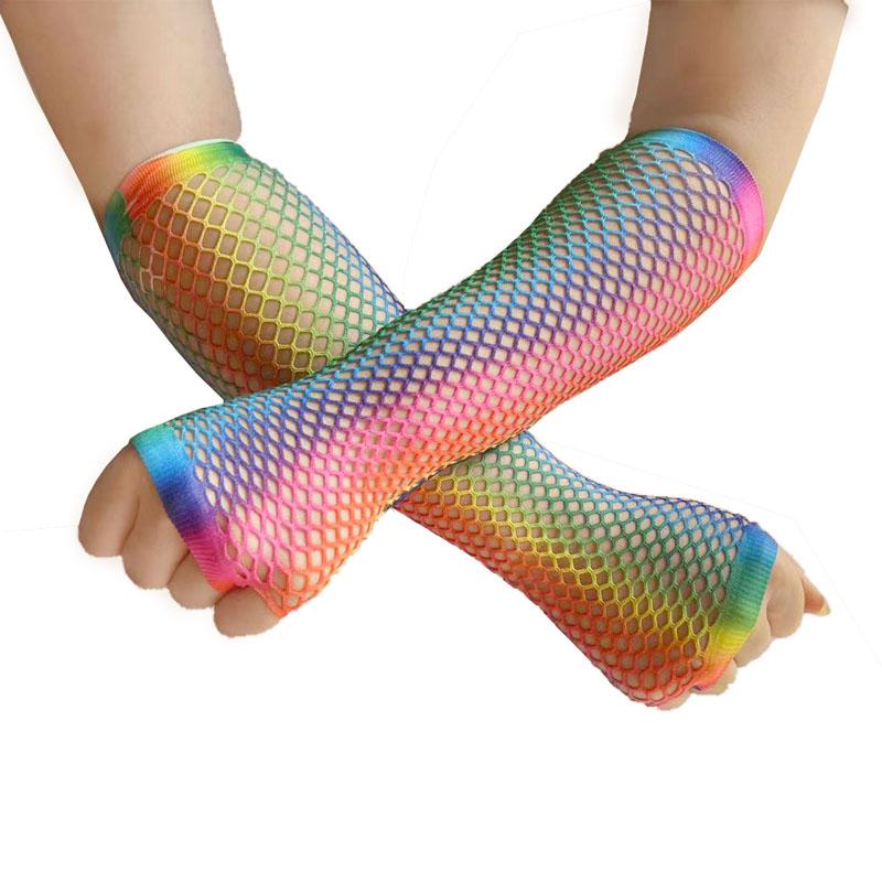 2 Paare/los Sexy Kurze Mesh Hohl Punk Regenbogen Fischernetz Handschuhe Weibliche Spitze Elastische Lange Hiphop Sommer Halb Finger Sonnencreme Fäustlinge
