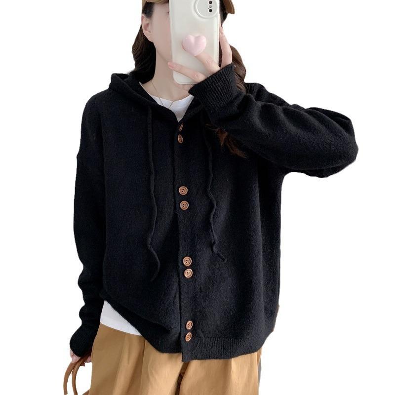 Casual Hooded Knitted Cardigan Top Women's Autumn and Winter New Simple and Versatile Loose Lazy Sweater Jacket