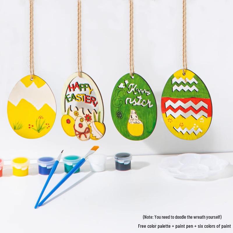 Handbemalte Ostereier-Anhänger aus Holz zur Kindergartendekoration.