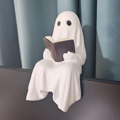 Halloween Cute Ghost Statue Reading Book Ghost Resin Sculpture Ornament Lovely Figurine for Office Home Tabletop Decoration Gift