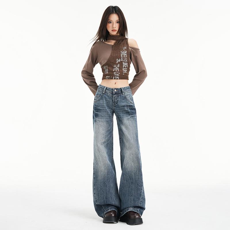 Women's American Retro Micro Flare Jeans - Fall 2025, Lightning Crack Design, Loose Fit, Wide Leg, Slimming Style.