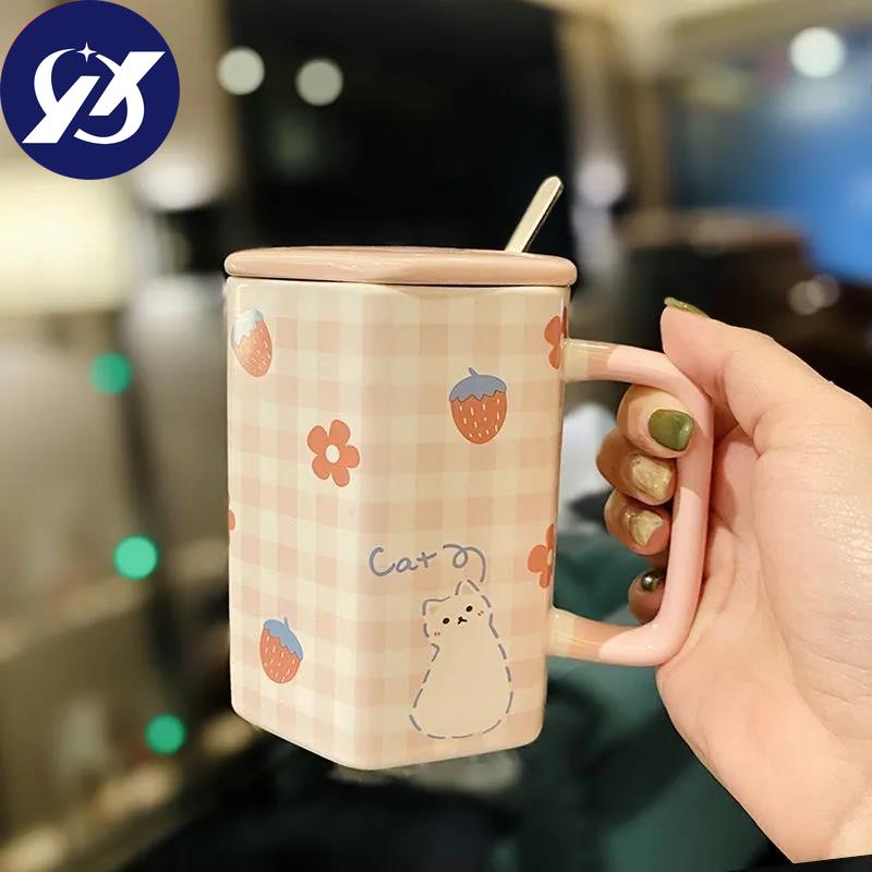Ins Style Girl Heart Ceramic Mug with Lid Spoon Cute Straw Water Cup Coffee Cup Breakfast Milk Oatmeal Cup