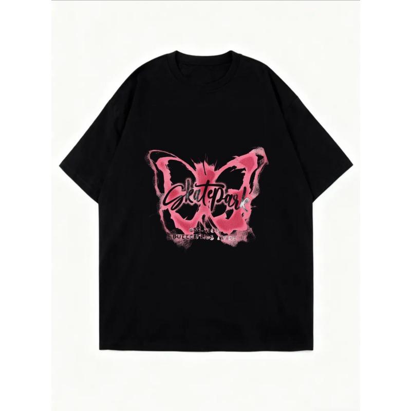 White Oversized T Shirt With Pink Butterfly Skatepark Print For Casual Wear