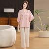 Elegant Summer Cotton Linen Set: Stylish 2026 Short-Sleeved Top for Middle-Aged and Elderly Women's Fashion