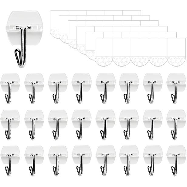 25 Small Hooks +30 Removable Strips, Clear Wire Hanger Hooks, Damage-Free Utility Hooks, Heavy Duty with Adhesive Strips, No Tools Wall Hook for