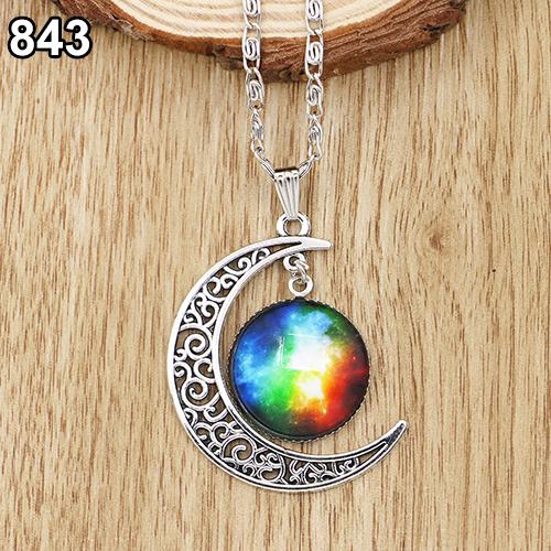 Women Fashion Galactic Glass Alloy Chain Crescent Moon Pendant Necklace