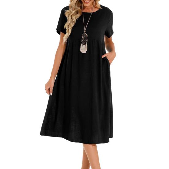 Dámské šaty Kulatý výstřih Krátký rukáv Ke kolenům Jednobarevné šaty s kapsami Volný střih Letní šaty