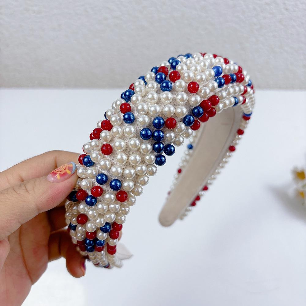 New American Red Blue Pearl Headbands Full Pearl Chain Hairband Festival Hair Accessories Luxury Wide Colorful Beaded Hair Bands