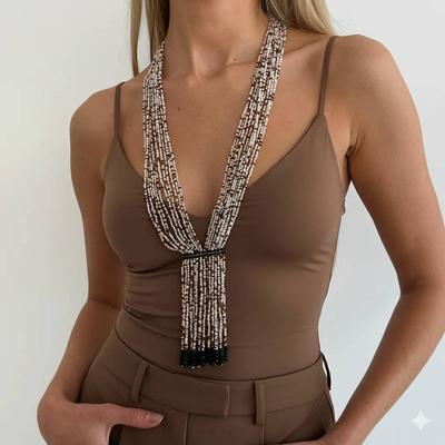 Salircon New Boho Multilayer Rice Beaded Necklace Women Exquisite Charm Long Crystal Chain Necklace Tassel Sweater Chain Jewelry