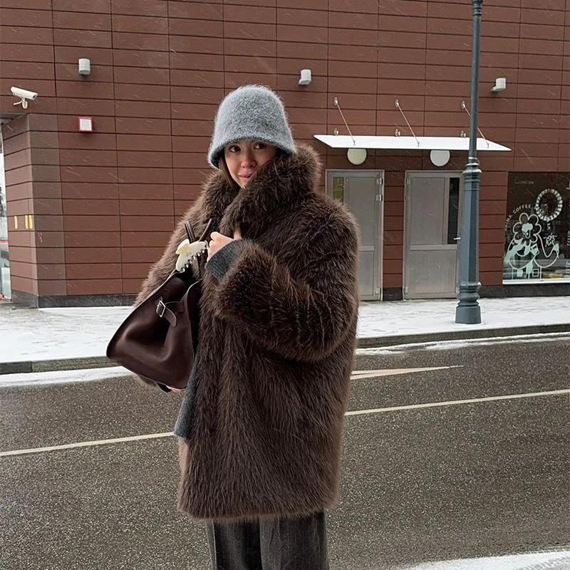 High-Quality Mid-Length Faux Fox Fur Soft Fluffy Coat