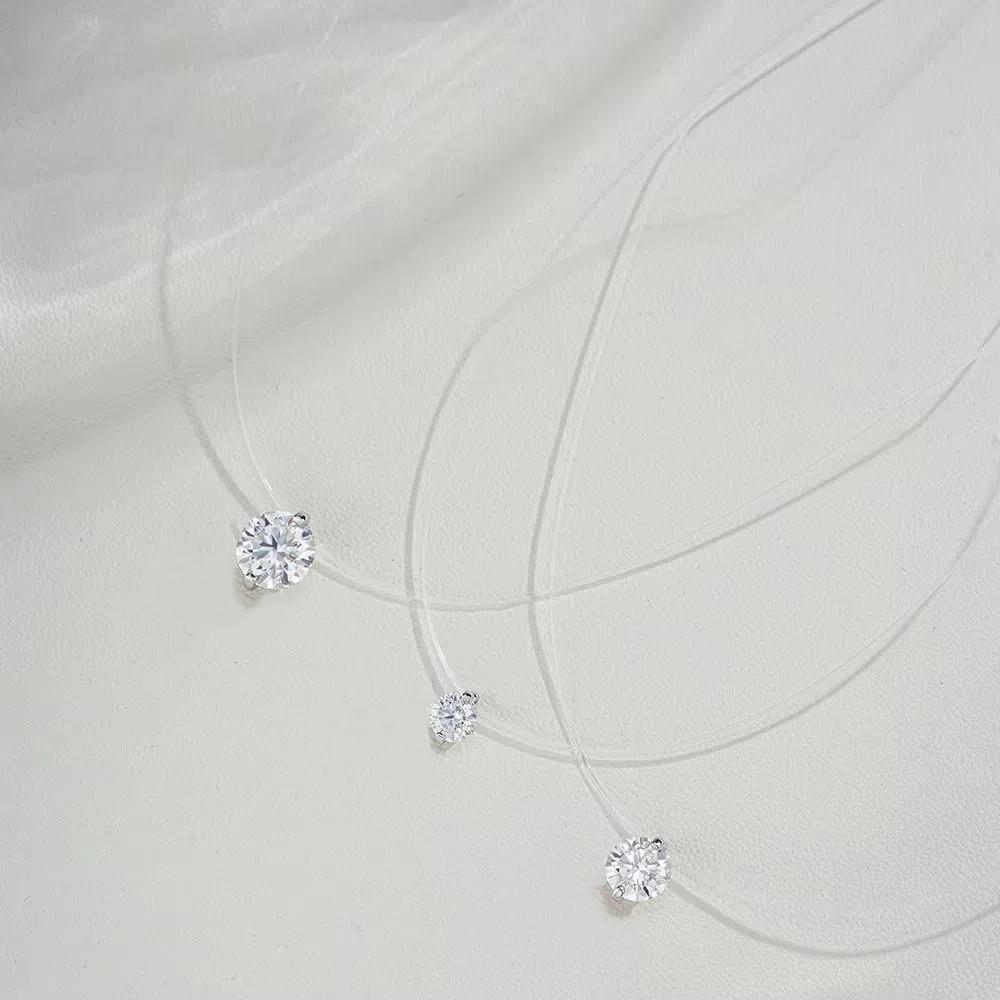 Invisible Zircon Pendant Necklace S925 Silver Solitaire Fishline Choker  for Female