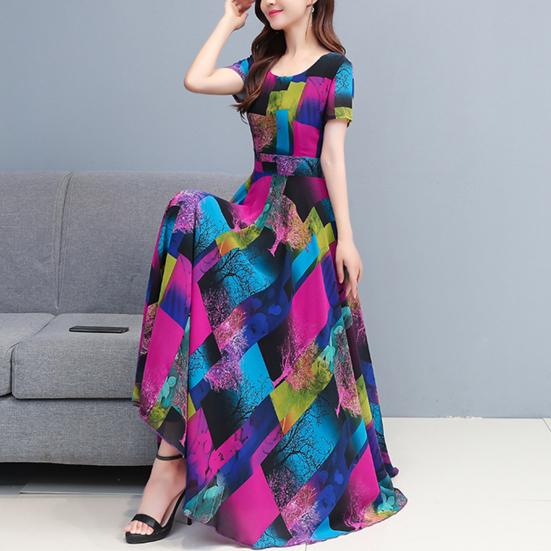 Kobiety ubierają kolorowy nadruk z dużym obszyciem Letnia długa sukienka w kształcie litery A Streetwear