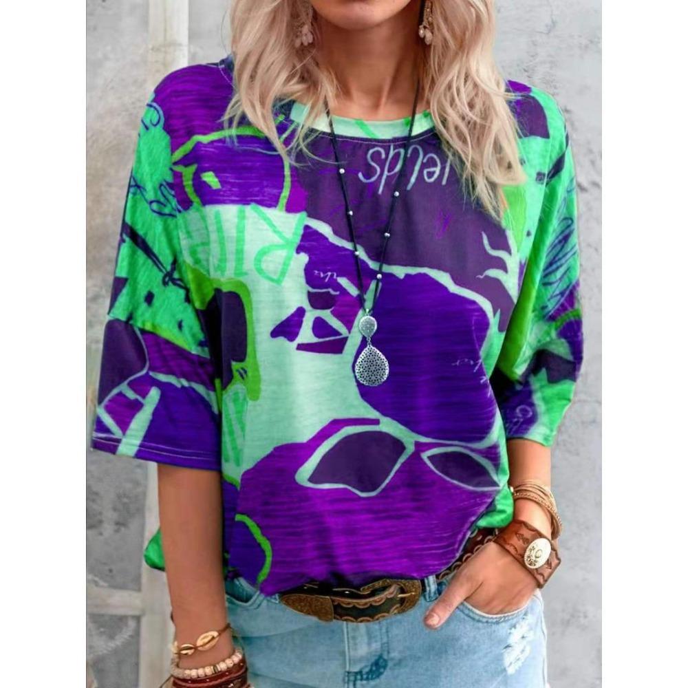 

Women s fashionable casual summer spring striped printed short sleeved round neck T-shirt and top 6XL