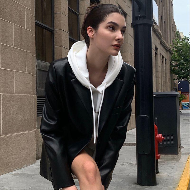 Black Long PU Leather Suit Jacket Women's Loose Spring Autumn Coat with Elegant Style Plus Size Leather Jacket