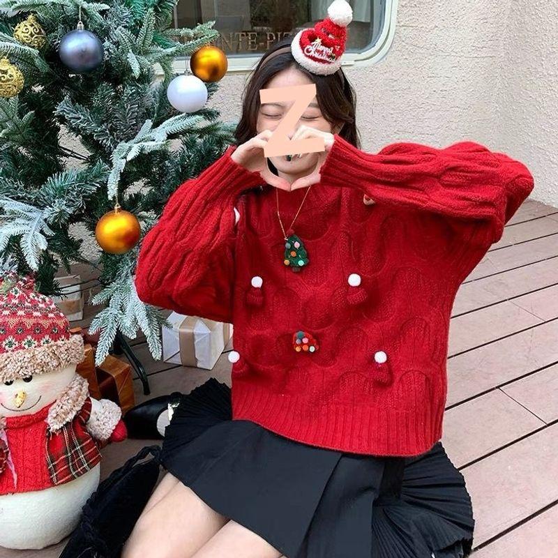 2026 Winter Women's Loose Round Neck Knit Pullover Sweater In Christmas Red