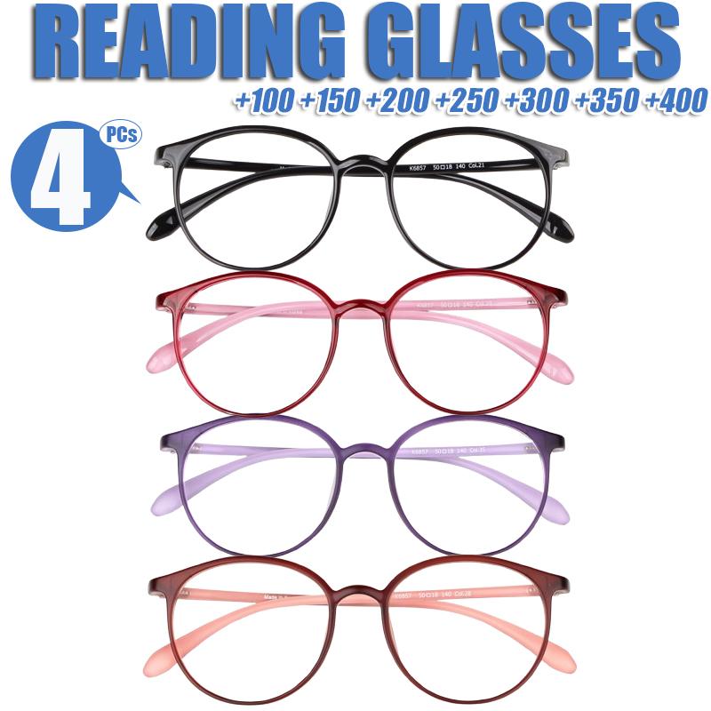 4PCS Ultralight Round Reading Glasses for Women Men Anti Blue Light Purple Black Red Presbyopic Glasses Magnifier +1.0~+4.0