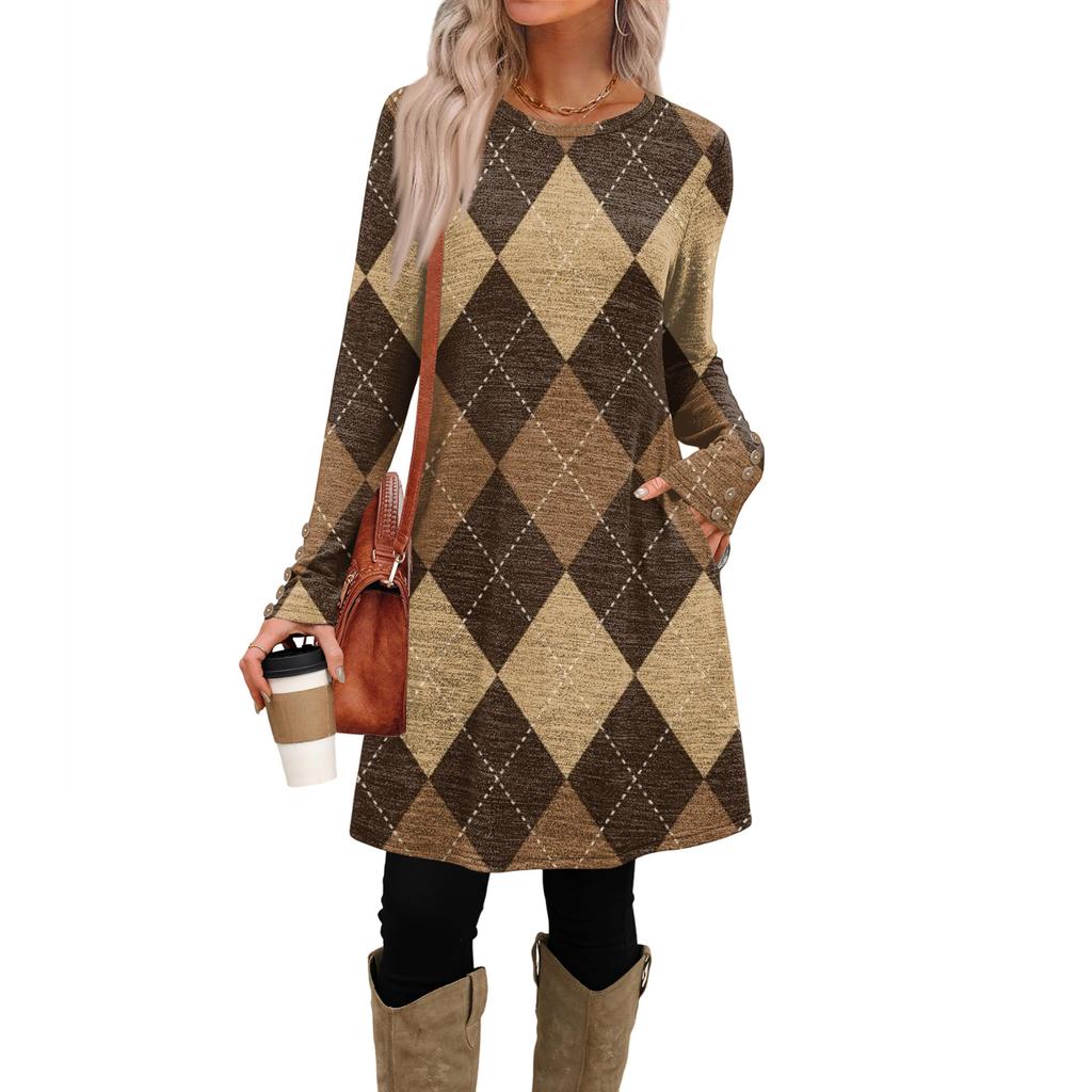 Damenmode Freizeitkleid mit Taschen, dekorativen Knöpfen, Rundhalsausschnitt und langen Ärmeln