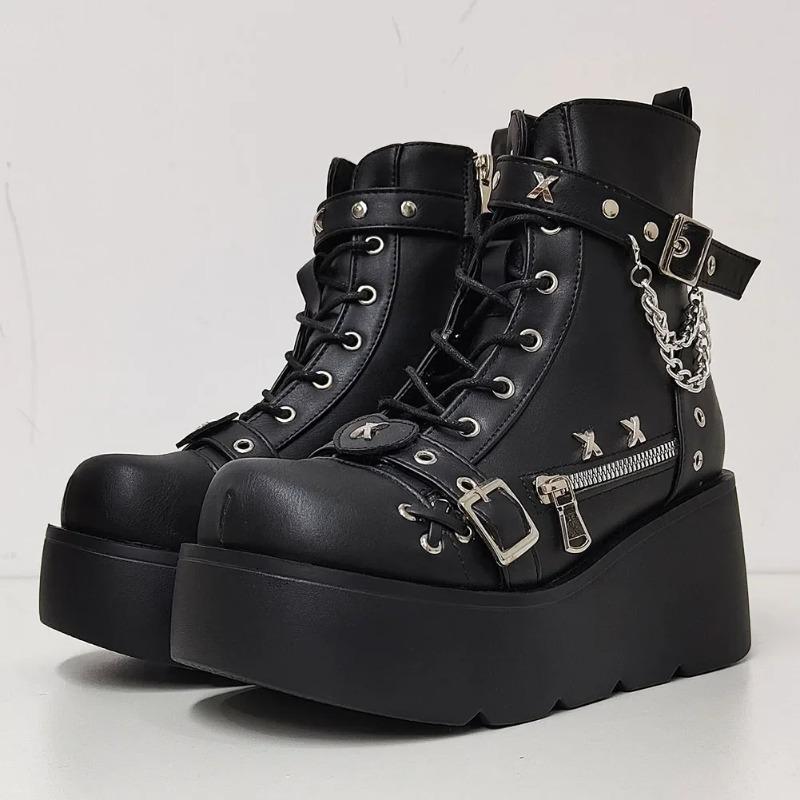 Botas de Plataforma Góticas Vampiro Cosplay Femininas de Cano Médio 2024 Inverno Cunhas Confortáveis Botas de Motocicleta Femininas
