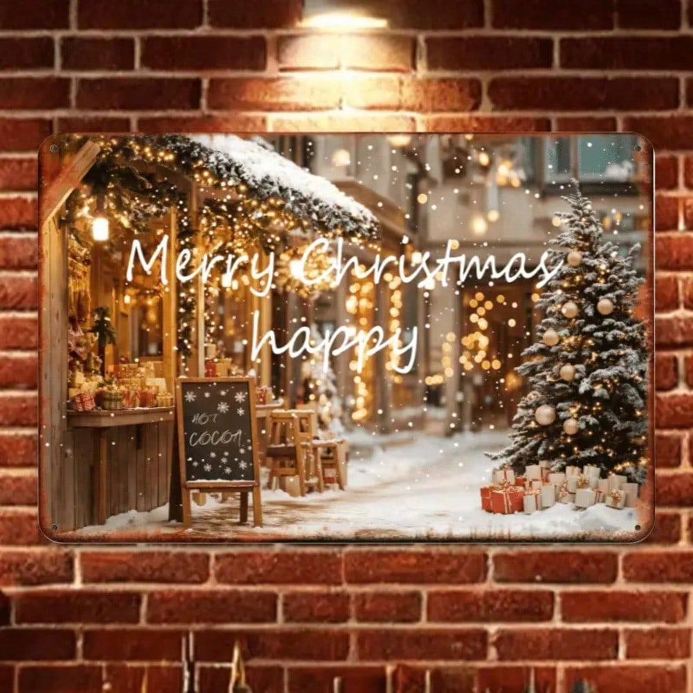 Christmas Tin Sign Vintage Hot Cocoa Snow Scene Wall Art Home Bar Garden Decor 8x12 Inch