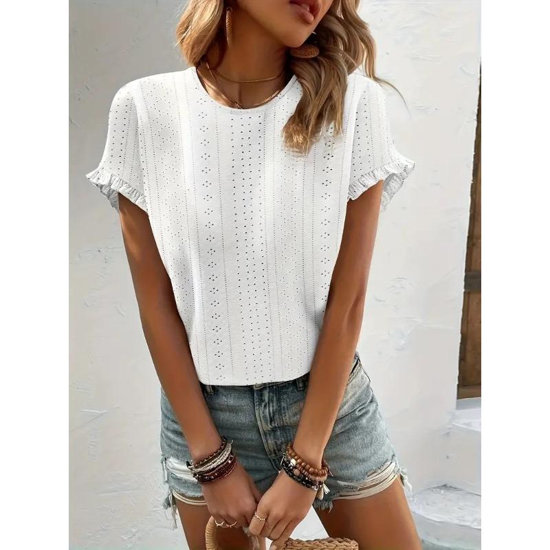 

Весна-лето женская однотонная футболка с круглым вырезом и оборками, рукавами «летучая мышь» L белый