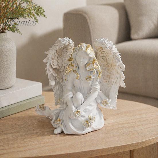 Small Angel Figurine Resin Figurine, Half Body Winged Fairy Sculpture with Gold Trim, Matte Warm White Decor Desk for Bedroom Shelf Gift Women
