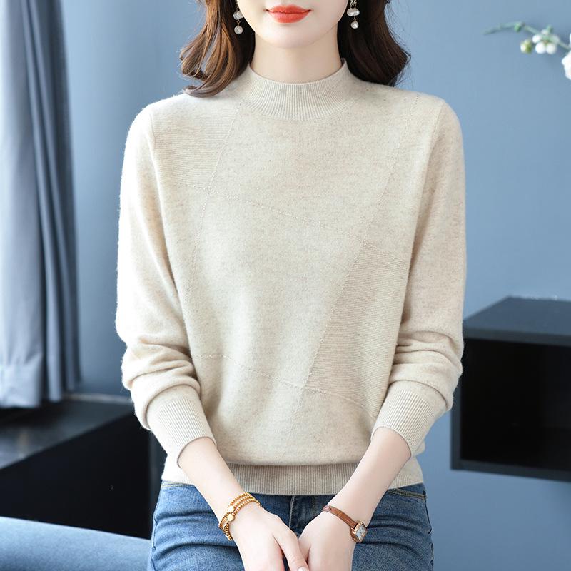 Puyuan Women's Pure Wool Half-High Neck Sweater - Autumn/Winter Solid Color Knit Base Layer for Moms
