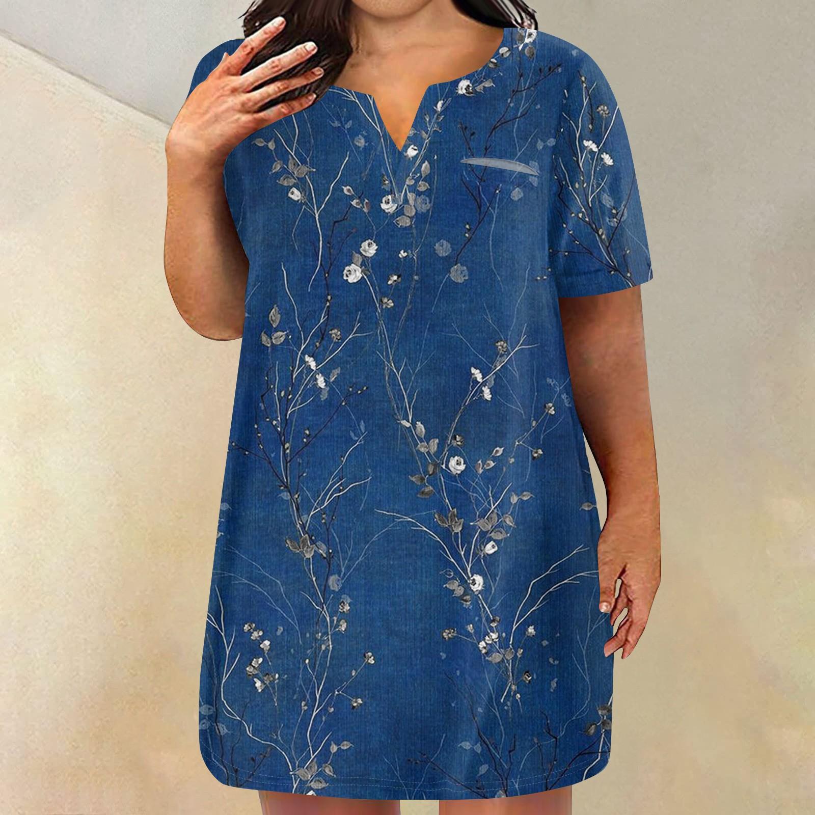 

Женские платья больших размеров с V-образным вырезом и коротким рукавом, летнее повседневное однотонное платье-туника с карманом XXXXXL синий