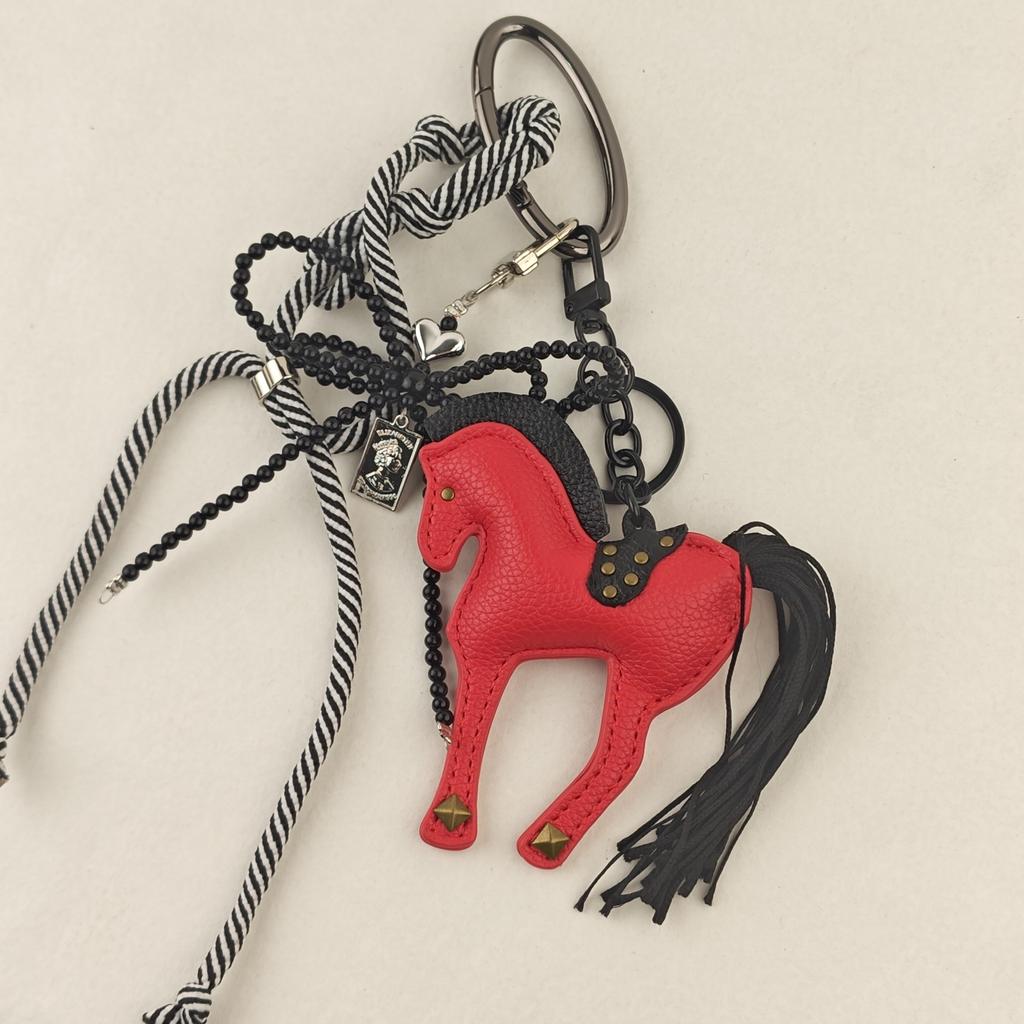 New in Leather Horse Bag Charm Rope Bow Accessories Luxury Keychains Pendant Creative Ornament Gift