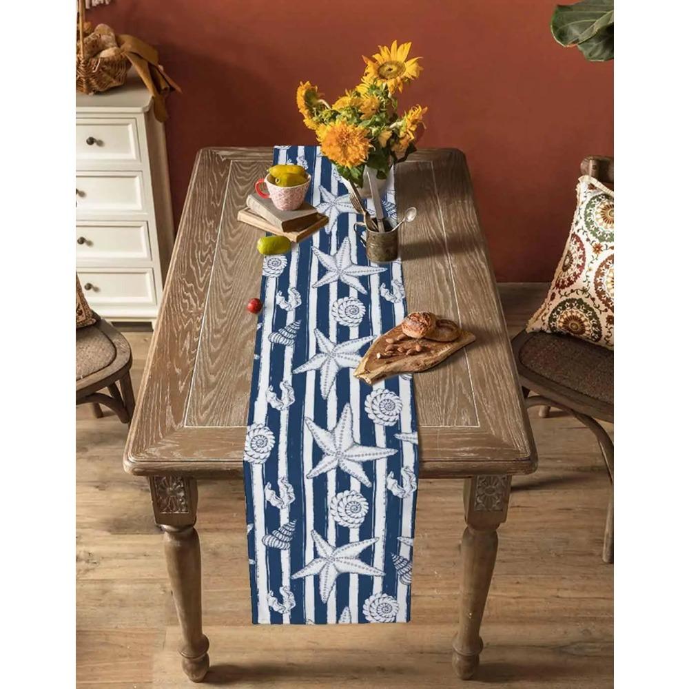 Nautical Ocean Blue Stripes Linen Table Runners Dresser Scarf Decor Washable Beach Conch Starfish Shell Table Runner Party Decor