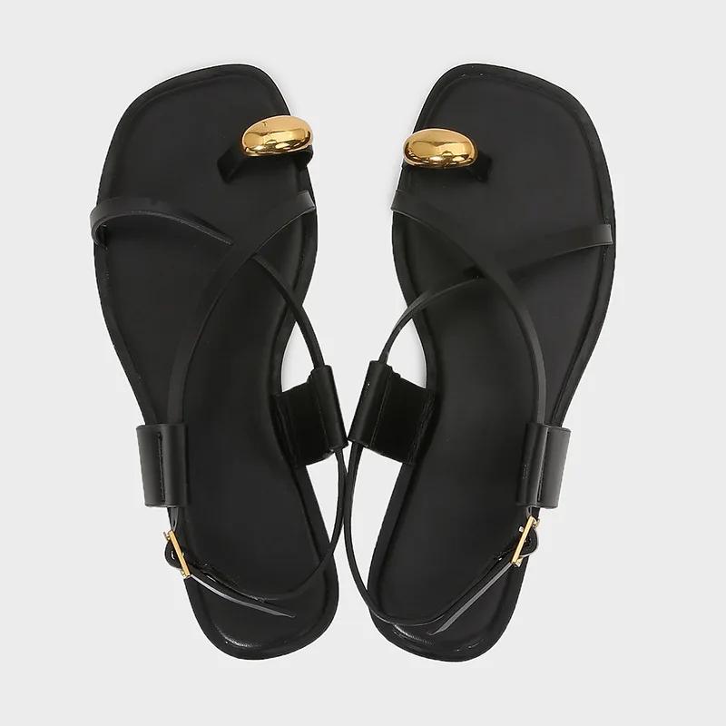 Fashion Fashion Ankle Strap Flat Sandals Women Metal Buckle Decoration Over Toe GLADIATOR Sandals Luxury Designer Summer Beach Slippers