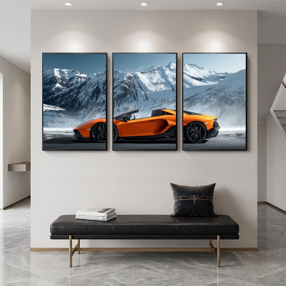 Sports Car Three Quarter View Painting Calligraphy 3 PCS Canvas Wall Art for Living Room Bedroom Prints Decor Modern Wall Decals