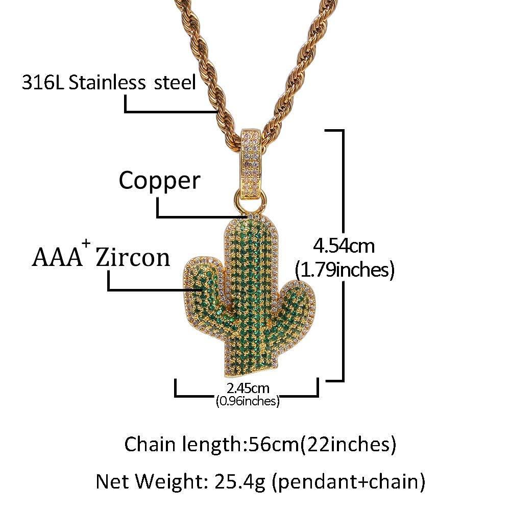 [Rockyu] Men's Necklace, Gold, AAA Zirconia, Plant/Cactus Pendant, Cool Necklace, 24-inch Stainless Steel Chain, Rock Style, European/American Style (