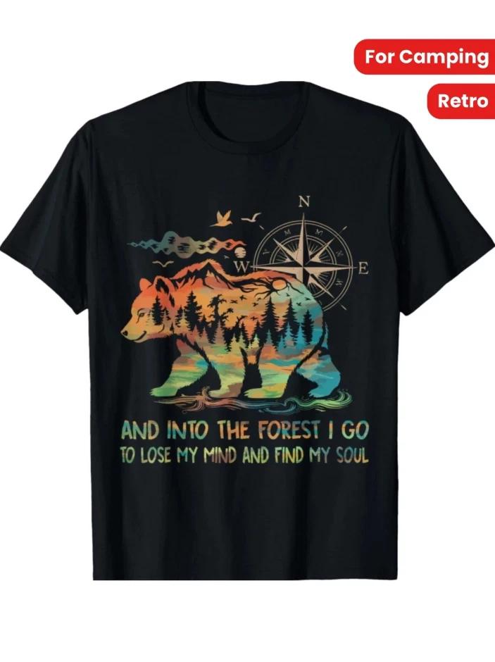 And Into The Forest I Go Tee, Camping Bear Retro Shirt, T-Shirt XS