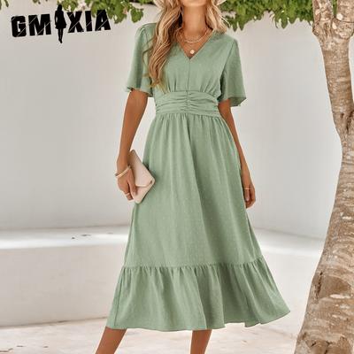 Damenmode Sommer Frühling Einfarbiger Druck Kurzarm V-Ausschnitt Hohe Taille Freizeitkleider