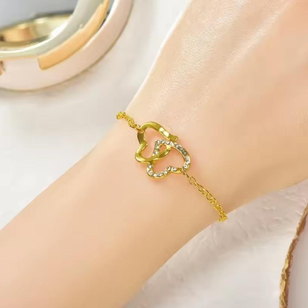 5Pcs Set Gold-Color Heart Shaped Jewelry Sets of Ring Earrings Necklace for Women Elegance Rhinestone Double Heart Jewelry