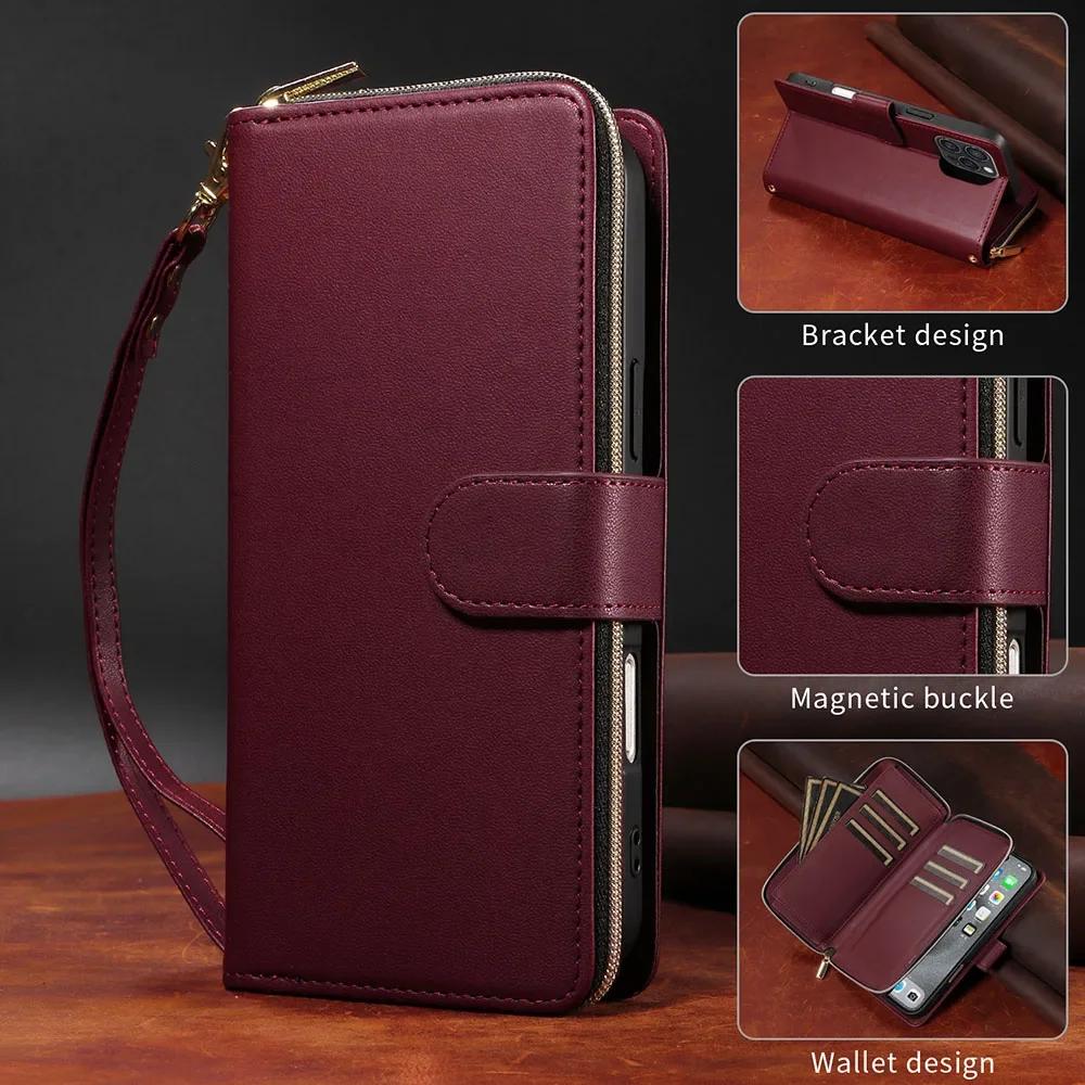 Luxury Zipper Wallet Leather Case For iPhone 16 Pro Max 15 Plus 14 13 12 Flip Magnetic 9 Card Ultra Thin Phone Cover Lanyard