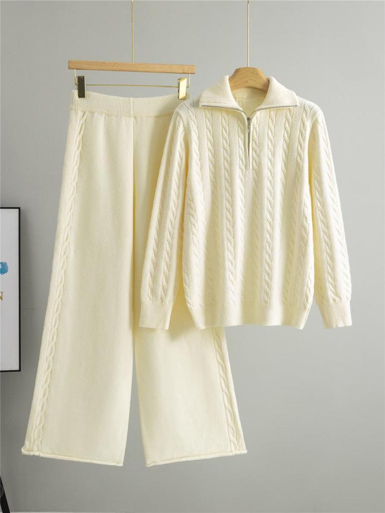 Women's Versatile Autumn/Winter Half-Zip Knit Top and Wide-Leg Pants Set