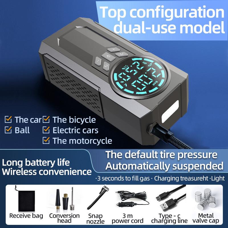 

Надувной воздушный компрессор с кабелями, 3-х режимный фонарик, ЖК-дисплей, внешний аккумулятор чёрный