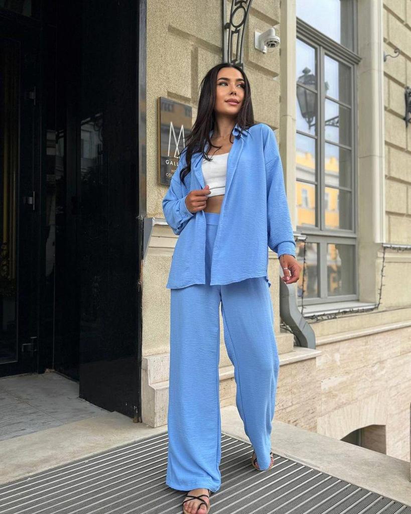 2024 European & American Style Autumn Solid Color Lapel Long Sleeve Shirt & Casual Pants Two-Piece Set