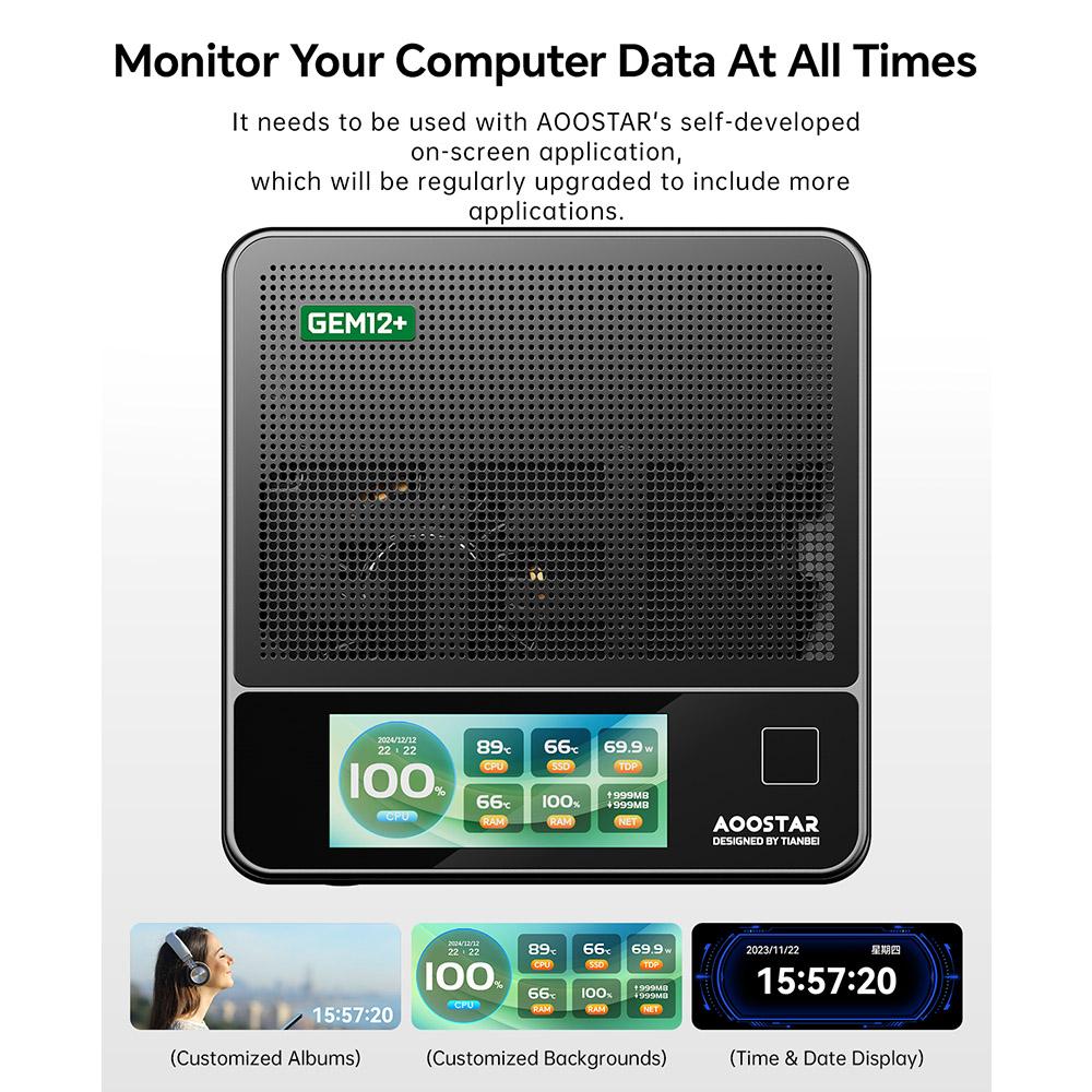 Mini PC AOOSTAR GEM12+ Pro cu Display, Deblocare prin Amprentă, AMD Ryzen 7 Pro 8845HS 8 Nuclee Max 5.1GHz,