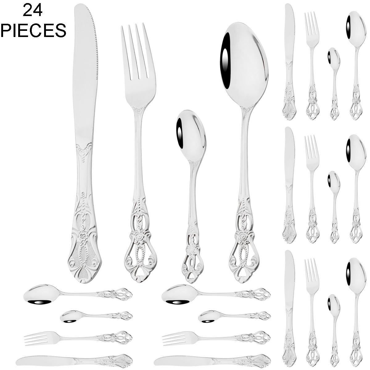 

24 шт. винтажный золотой набор столовых приборов из нержавеющей стали, набор столовых приборов, нож, вилка, кофейная ложка, посуда, кухонное серебро, набор столовых приборов серебряный