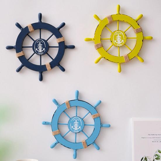 11" Nautical Beach Wooden Ship Wheel Wall Art Coastal Style Boat Steering Wheel Wall Hanging Ornament with Starfish And Hemp Rope for Living Room