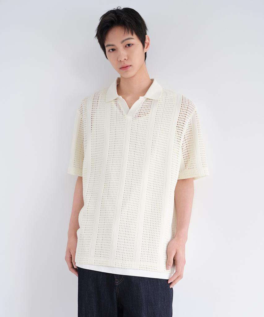 Musinsa Standard Vertical Crochet Slit Neck Polo Shirt [Ivory]