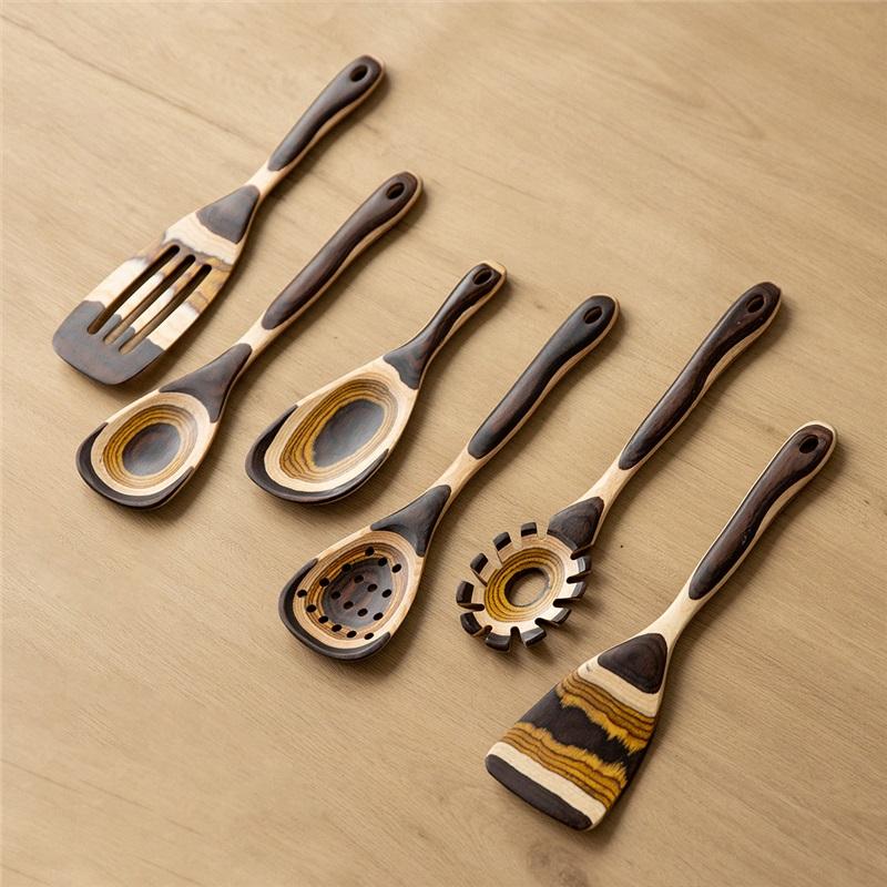 Retro Gradient Wood Kitchen Utensil Set, Non-stick Wooden Spatula Rice Spoon Pasta Spoon Colander Spoon, Heat Resistant Cooking Tool for Home Kitchen