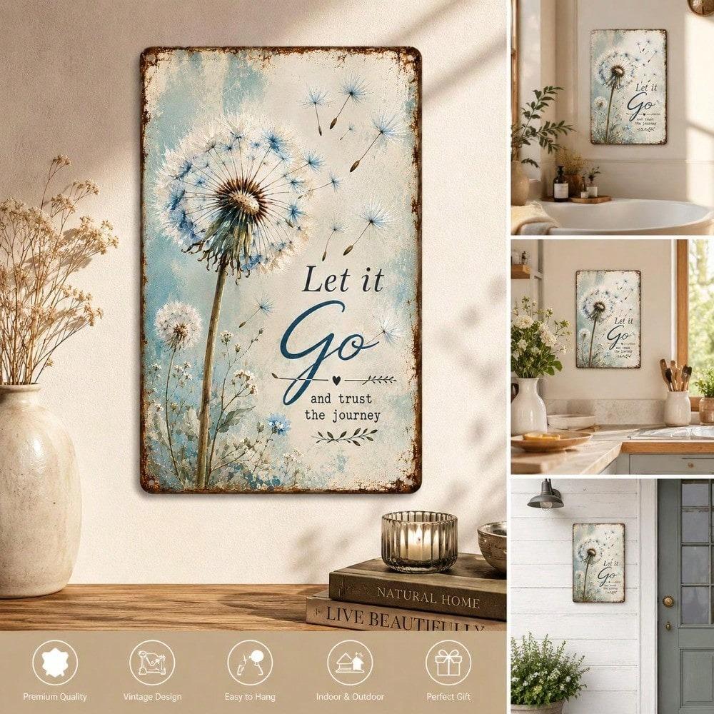 Vintage Dandelion Let Go Quote 2D Flat Rustic Farmhouse Wooden Wall Art, Inspirational Home Decor for Living Room Bedroom