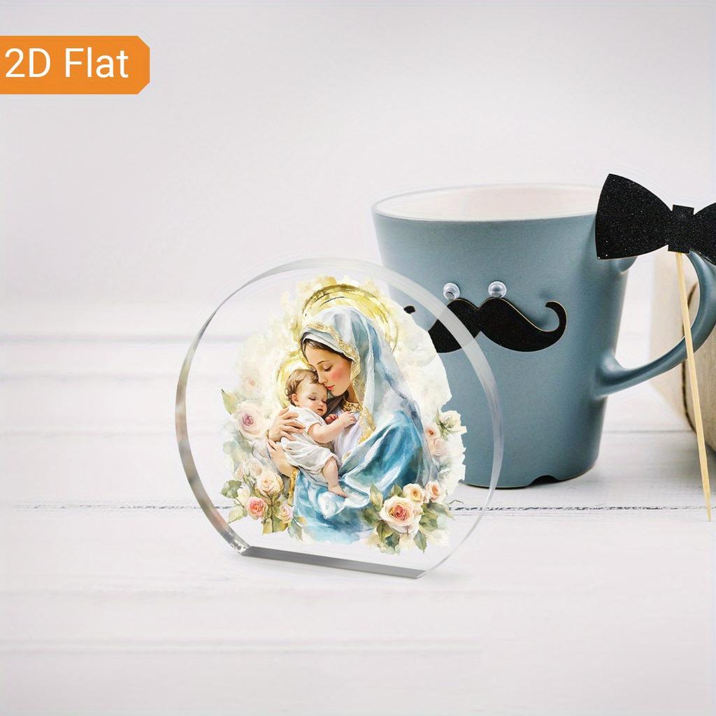 1pc Virgin Mary and Young Jesus Acrylic Decorative Sign - Serene Religious Art with Garland, Perfect for Home, Office Desk, Holiday Gift, Housewarming