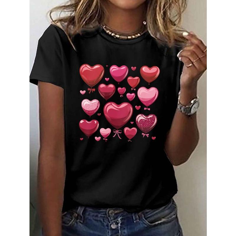 

European Size Women S Glossy Heart Balloon Print T-Shirt | Short Sleeve Round Neck , Glossy Balloon and Heart Design, Medium Elasticity 4XL