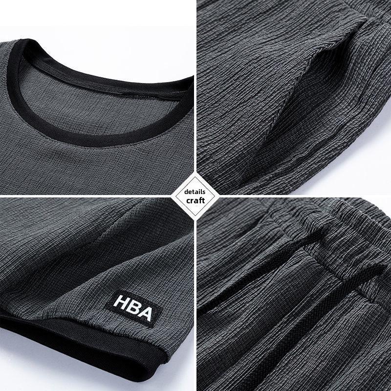 Men's Summer Ice Silk Two-Piece Set: Short-Sleeve Shirt and Cropped Pants, Loose Fit, Casual Sports Style, Large Size Available.